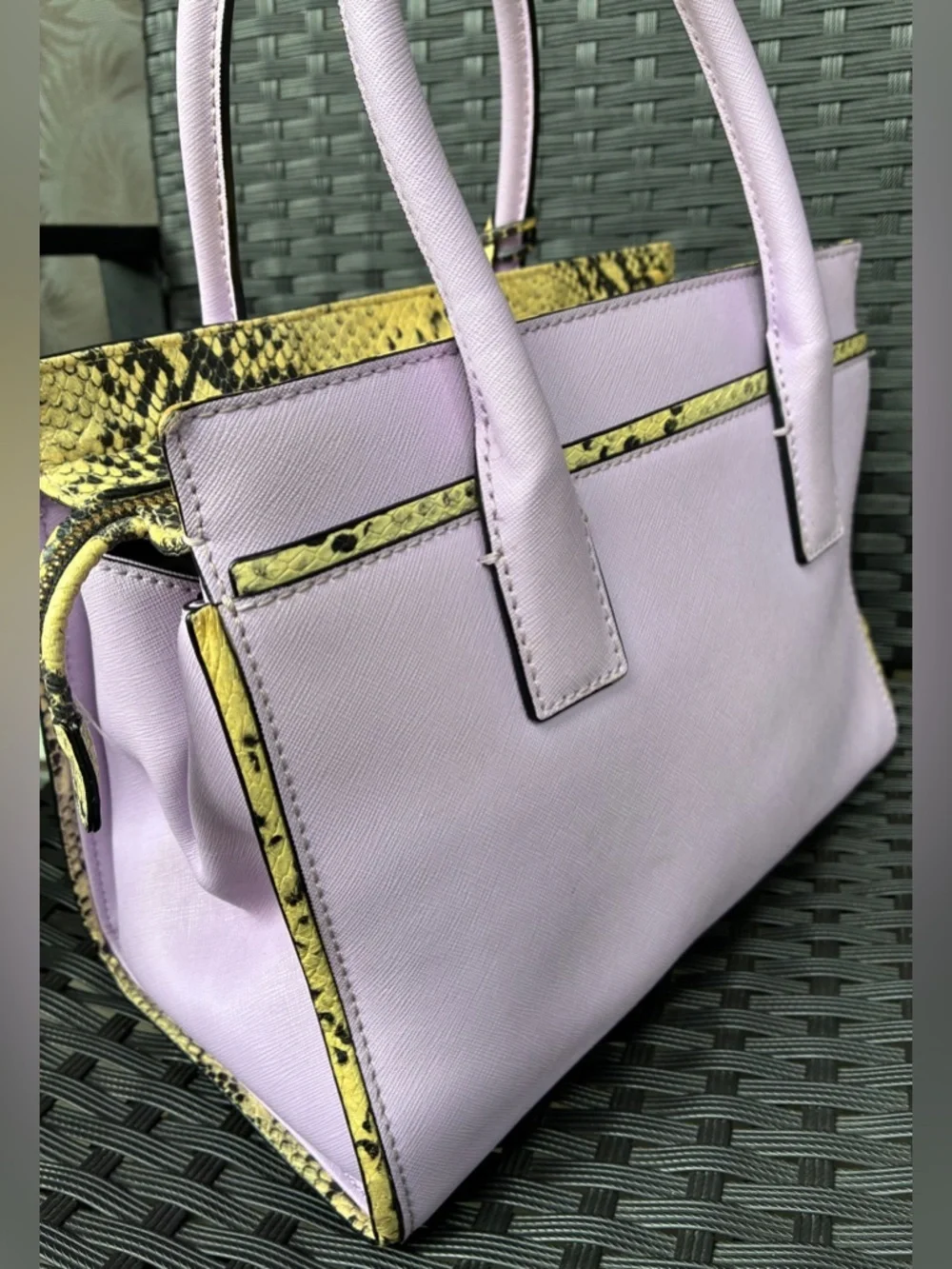 kate spade lilac satchel with yellow snake-print trim